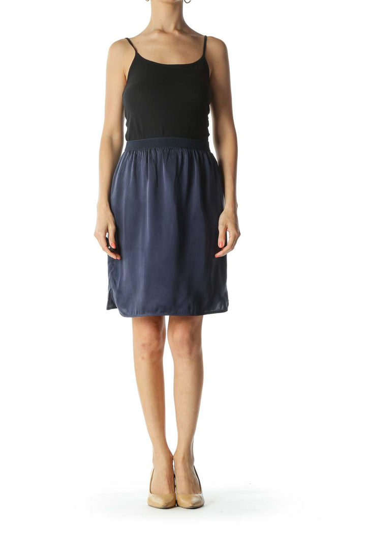 Navy-Blue Silk Textured-Elastic-Waist Lined Mini-Leg-Slit Skirt