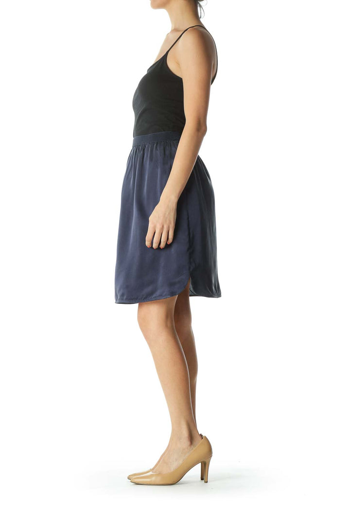 Navy-Blue Silk Textured-Elastic-Waist Lined Mini-Leg-Slit Skirt