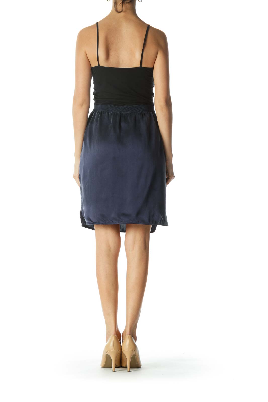 Navy-Blue Silk Textured-Elastic-Waist Lined Mini-Leg-Slit Skirt