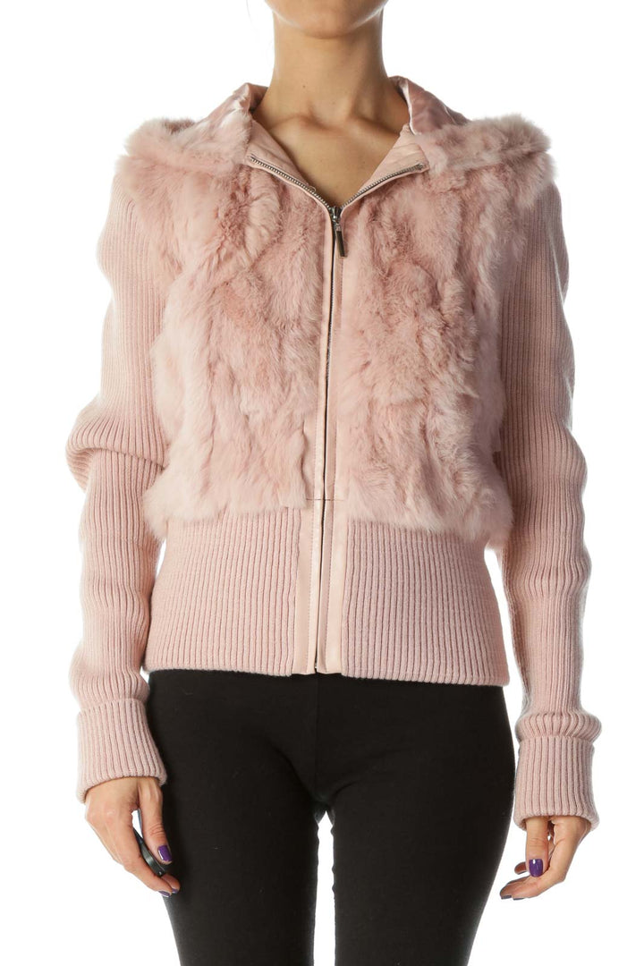 Light-Pink Dyed-Rabbit-Fur Hooded Fitted Jacket