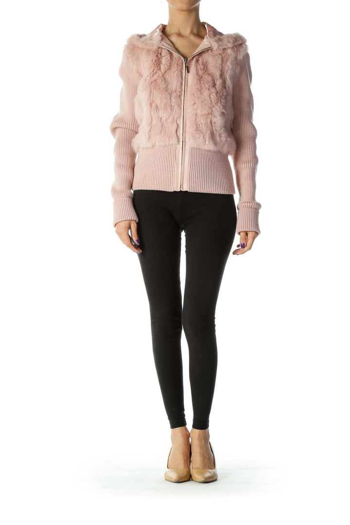 Light-Pink Dyed-Rabbit-Fur Hooded Fitted Jacket