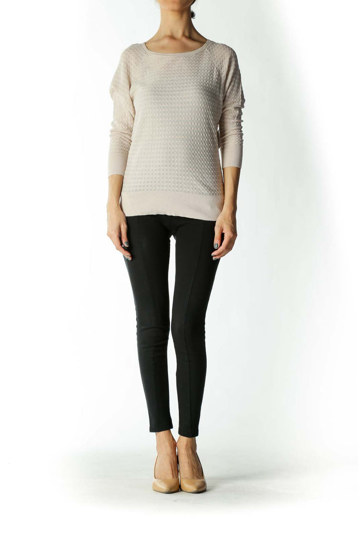 Beige Light-Weight Back-Buttoned Sweater with Taped Sleeves and Waist