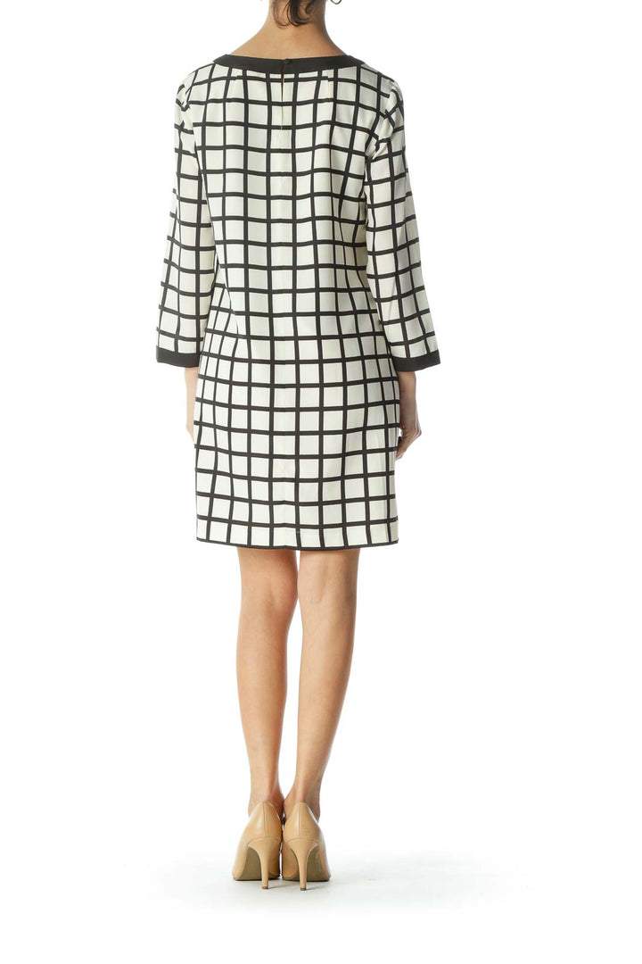 Cream/Black Bold-Windowpane-Print Shift Dress