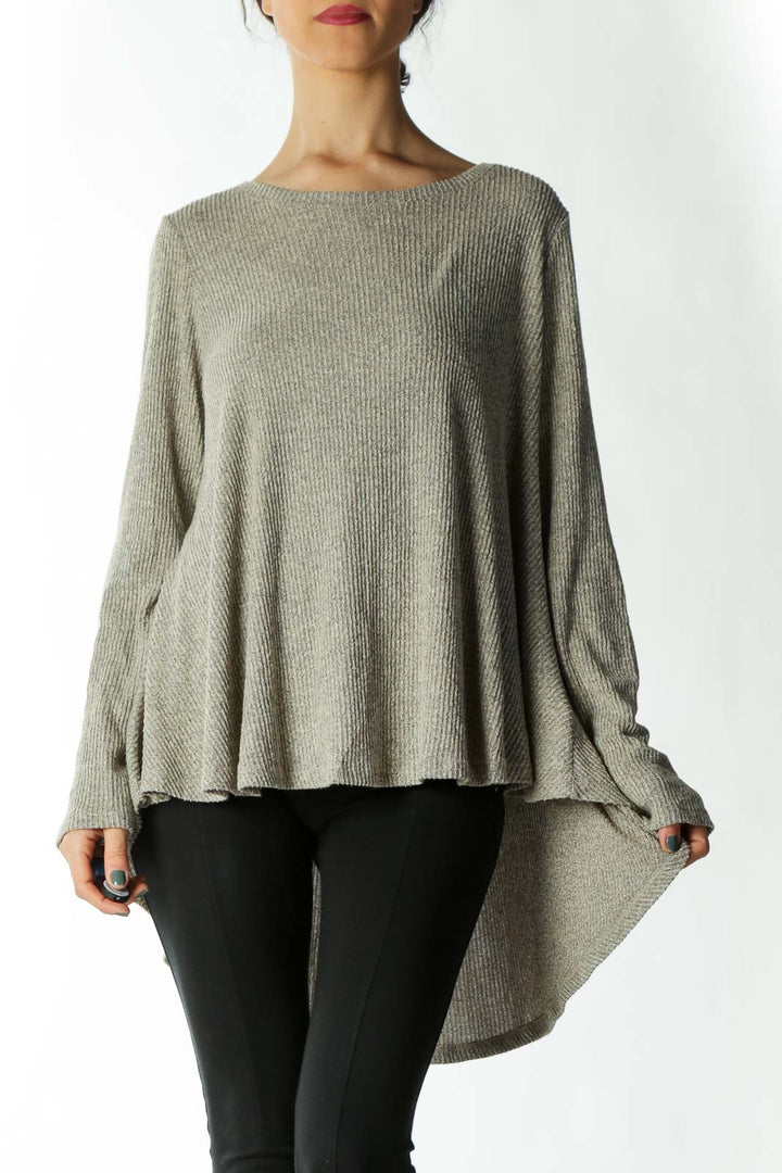 Beige Ribbed Long-Sleeve Flowy Knit Toplogn