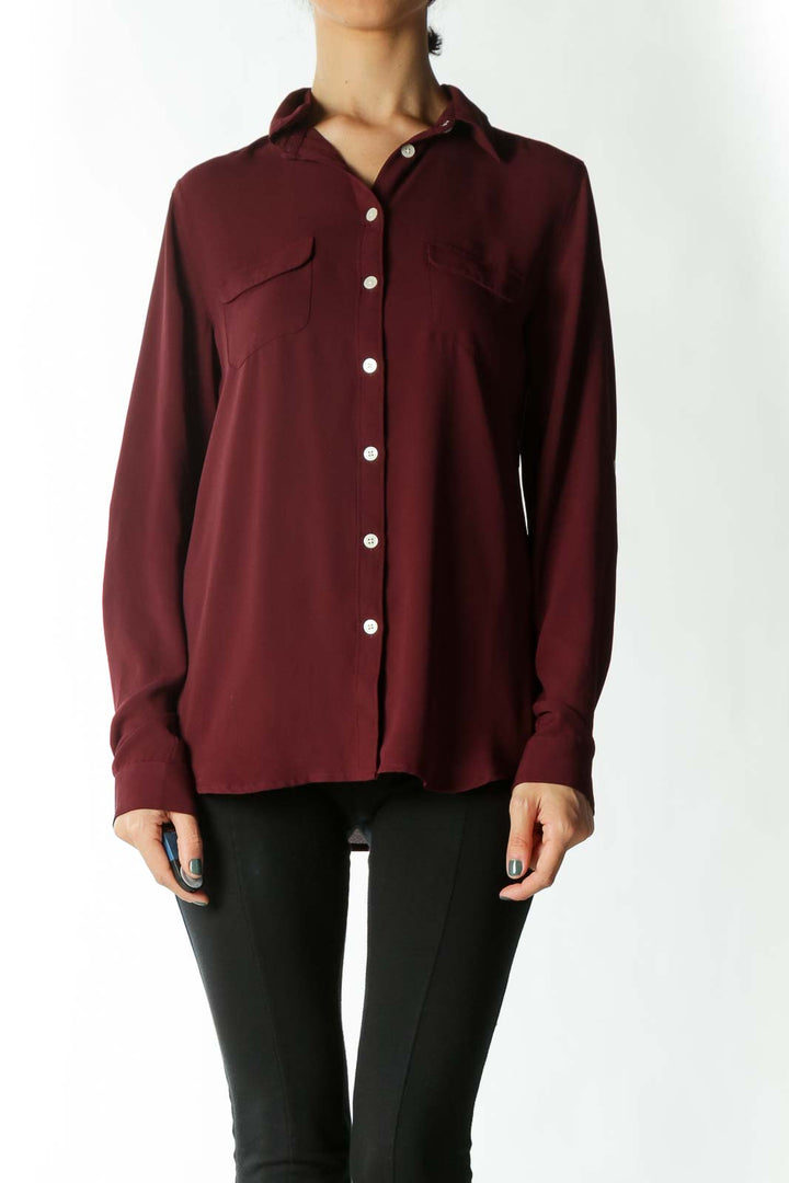 Burgundy Button-Down Blouse With White Buttons