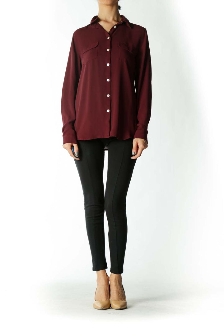 Burgundy Button-Down Blouse With White Buttons