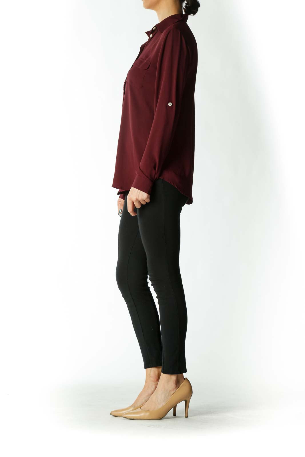 Burgundy Button-Down Blouse With White Buttons