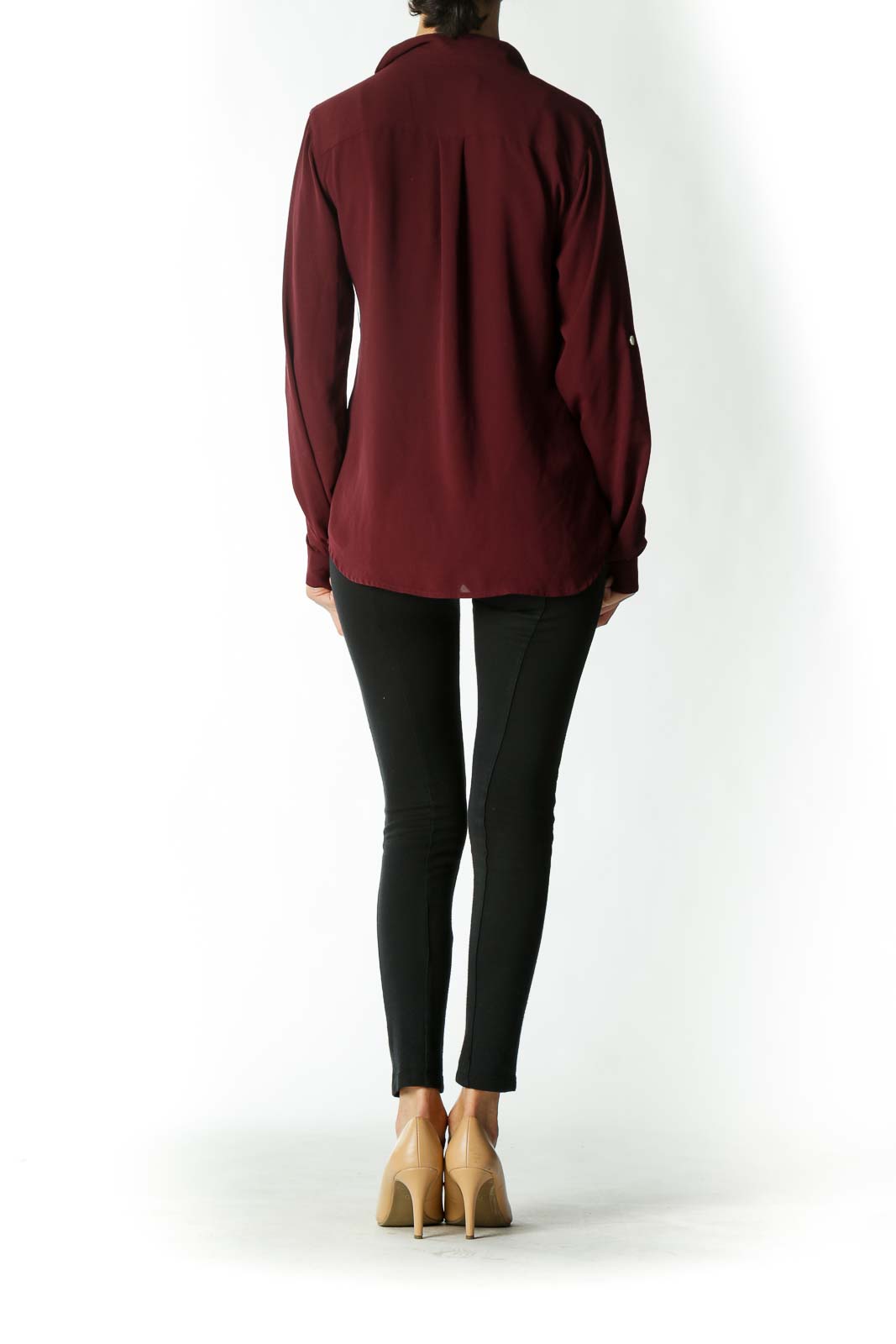 Burgundy Button-Down Blouse With White Buttons