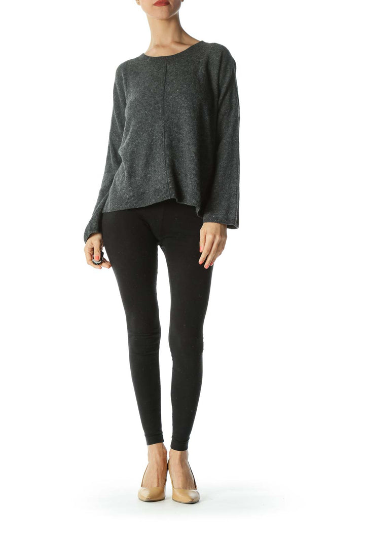 Gray Wool Alpaca Long-Sleeve Raised-Center-Seam Knit Top