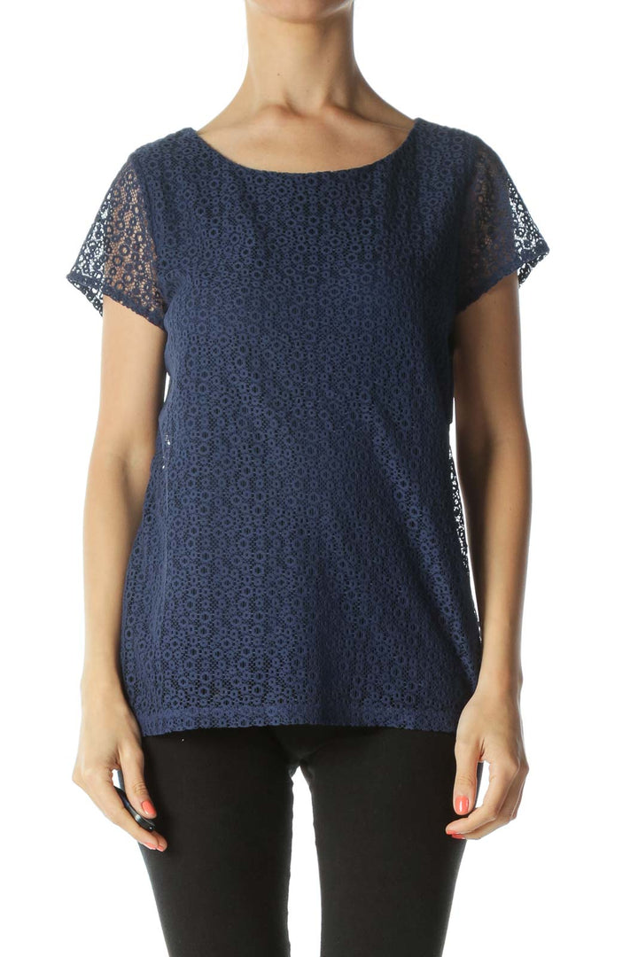 Blue Round-Neck Short-Sleeves Knit-Body Top