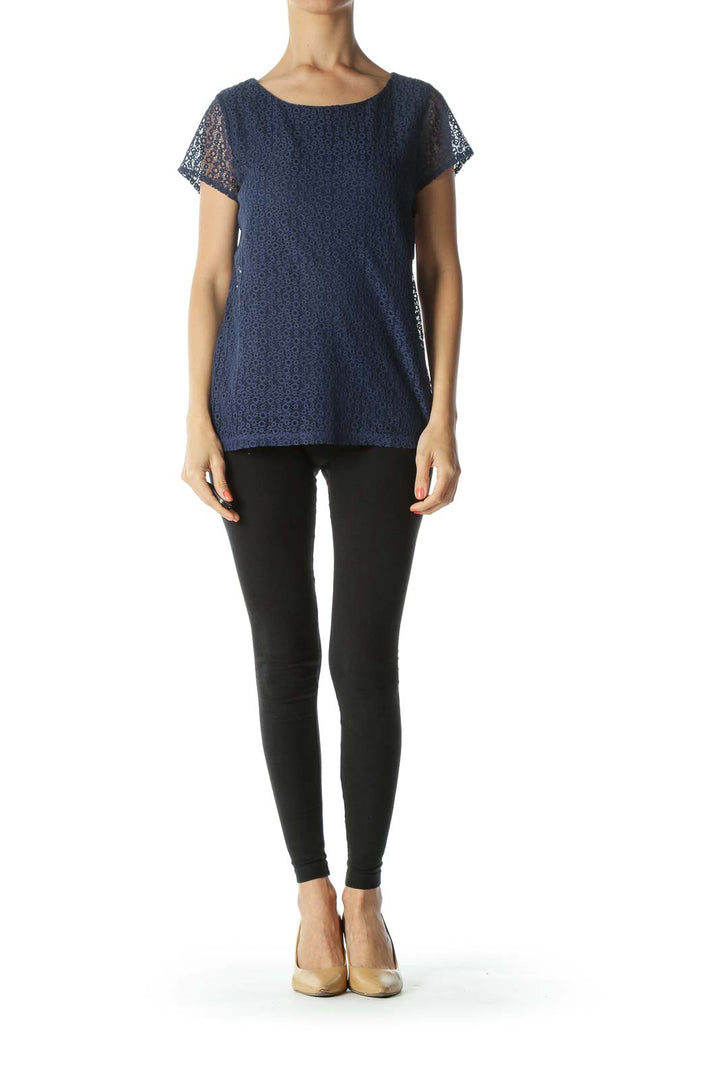 Blue Round-Neck Short-Sleeves Knit-Body Top