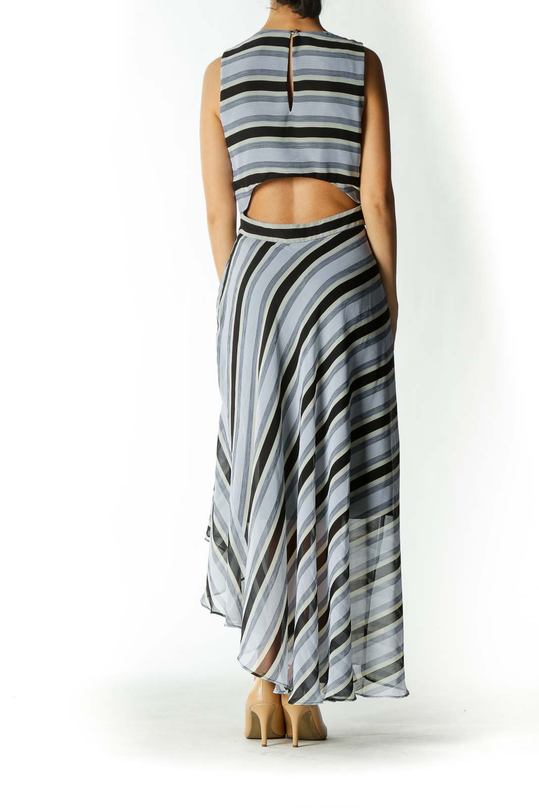 Black/Blue/Cream Back-Cut-Out Asymmetric Dress