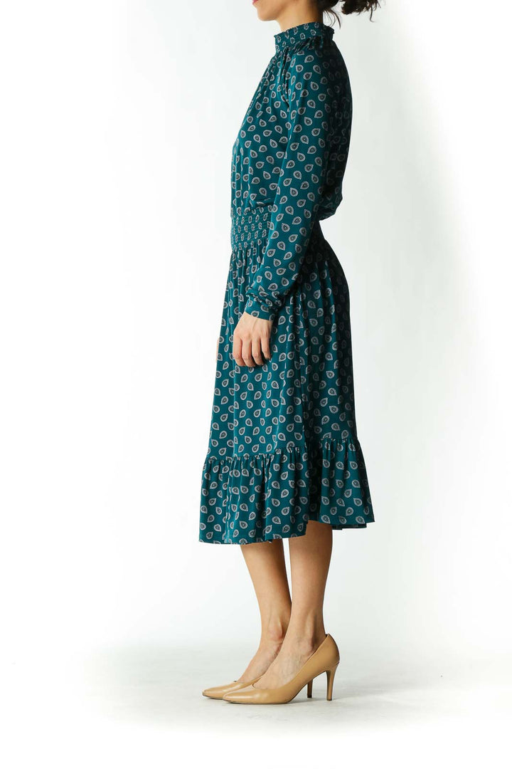 Teal-Blue Printed Elastic-Details Stretch Day Dress