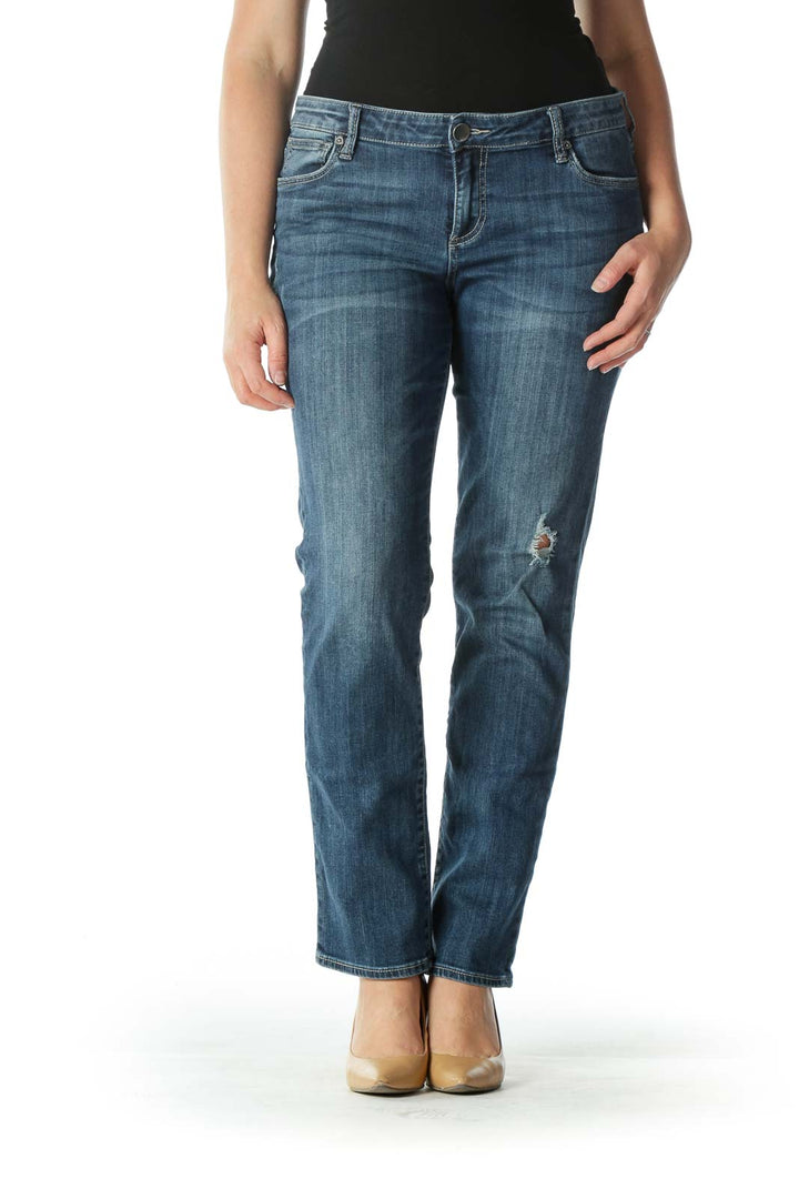 Blue Dark Wash Boyfriend Semi-Distressed Jeans