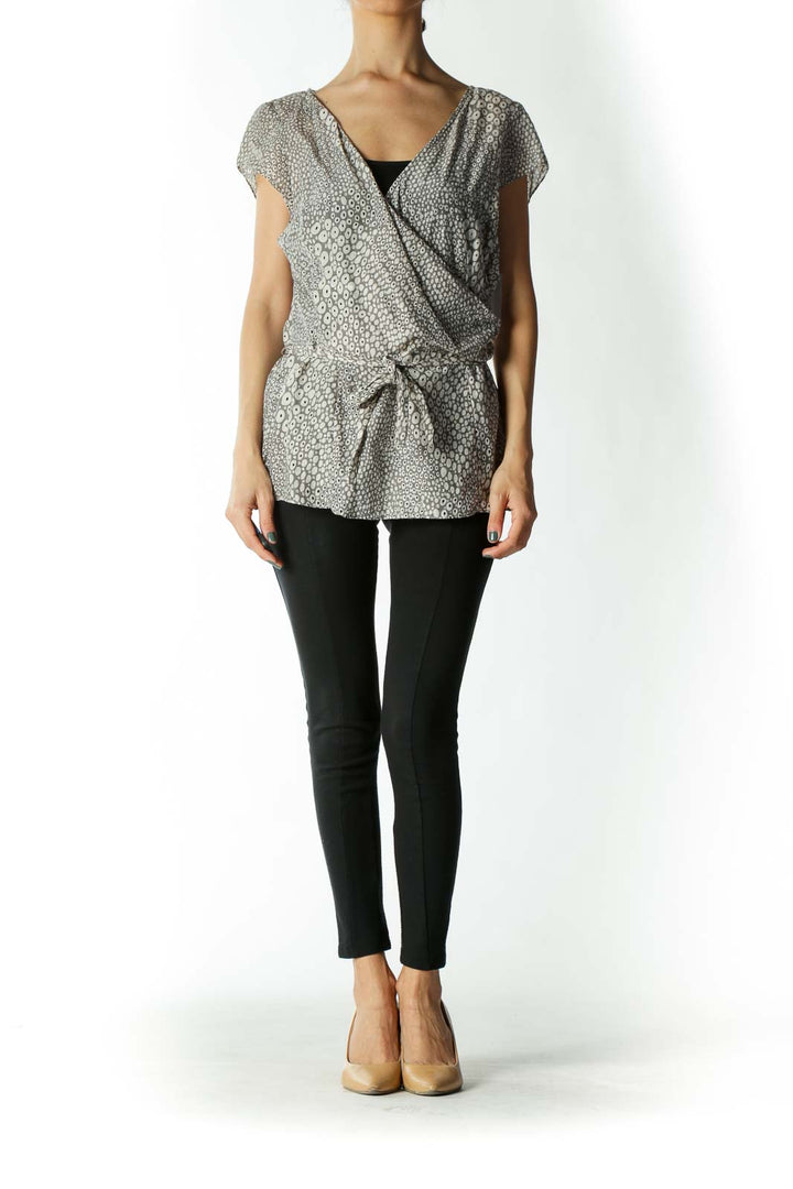 Gray and Silver V-Neck Waist-Tie Cap-Sleeve Peplum Blouse