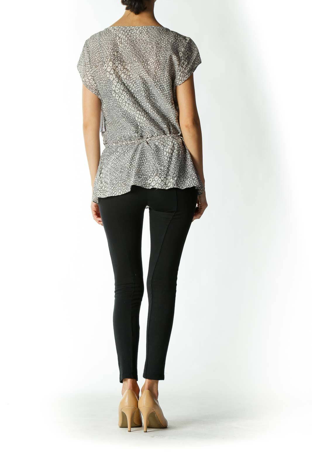 Gray and Silver V-Neck Waist-Tie Cap-Sleeve Peplum Blouse