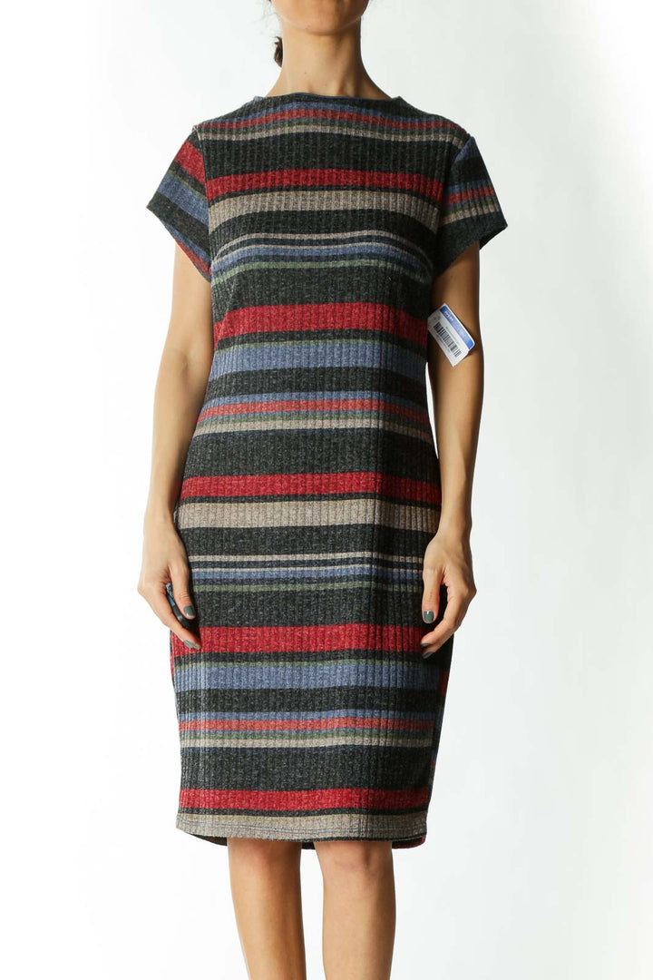 Multicolored Striped Cap-Sleeve Ribbed Midi Dress