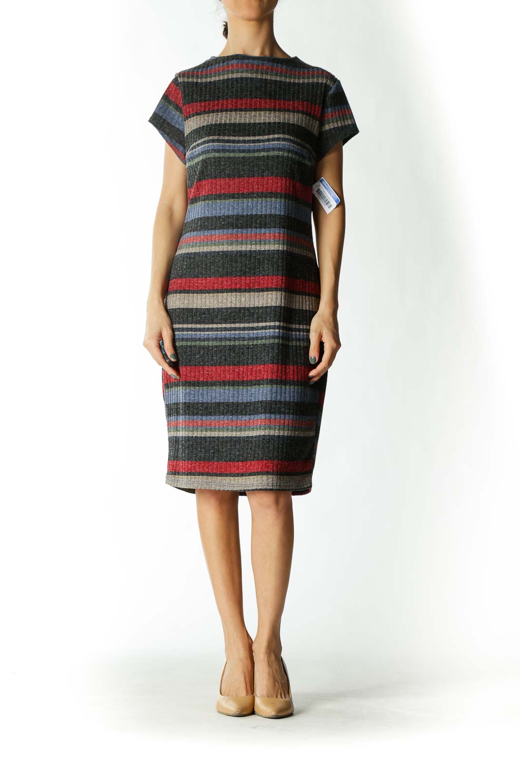 Multicolored Striped Cap-Sleeve Ribbed Midi Dress