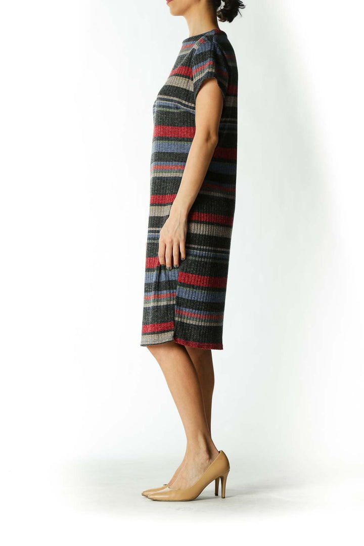 Multicolored Striped Cap-Sleeve Ribbed Midi Dress