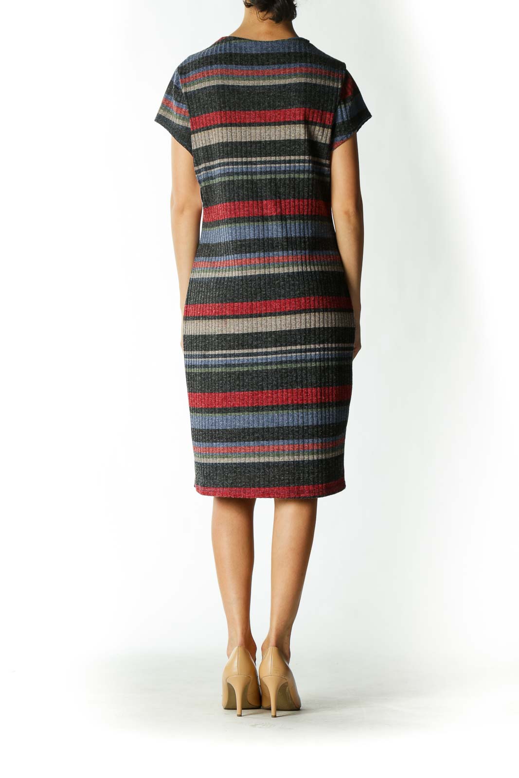 Multicolored Striped Cap-Sleeve Ribbed Midi Dress