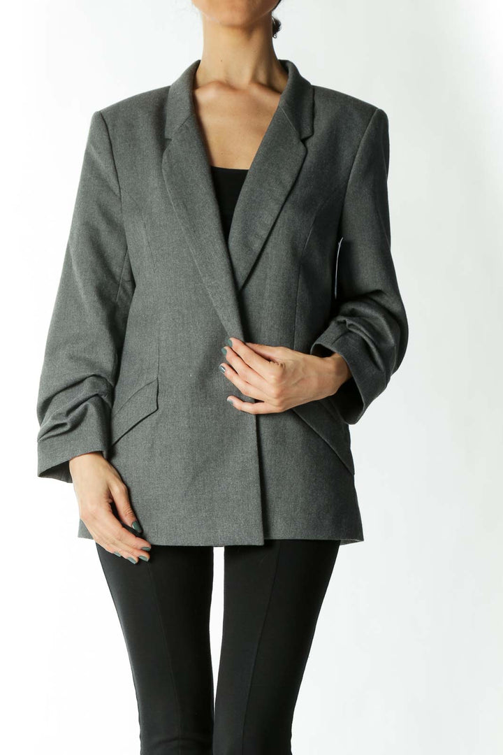 Gray Ruched-Sleeve Hidden-Closure Pocketed Blazer