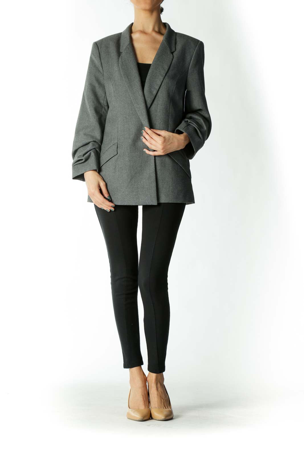 Gray Ruched-Sleeve Hidden-Closure Pocketed Blazer