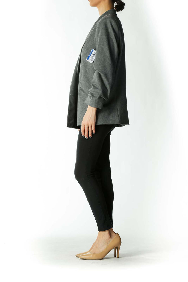 Gray Ruched-Sleeve Hidden-Closure Pocketed Blazer