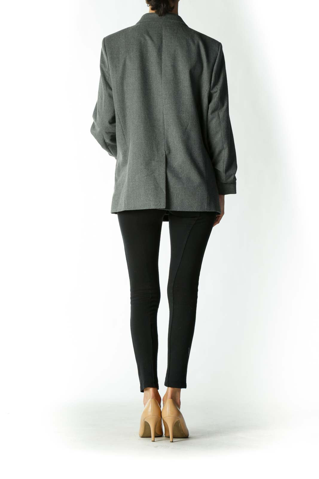 Gray Ruched-Sleeve Hidden-Closure Pocketed Blazer