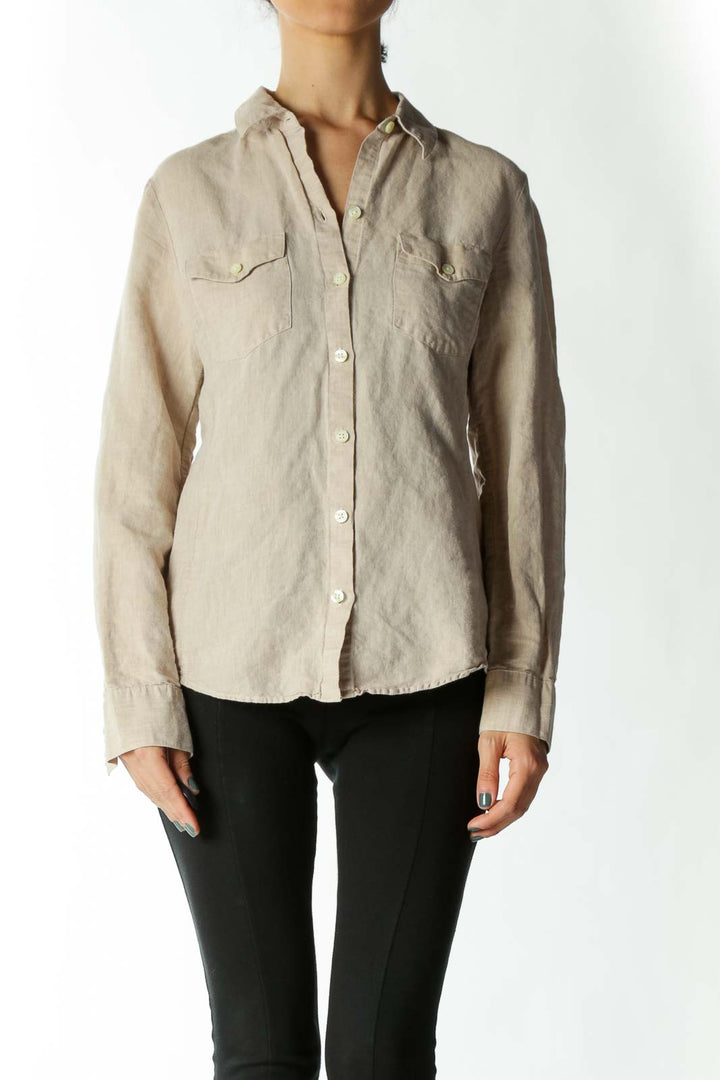 Beige Flax & Cotton Button-Down Shirt With Breast-Pockets