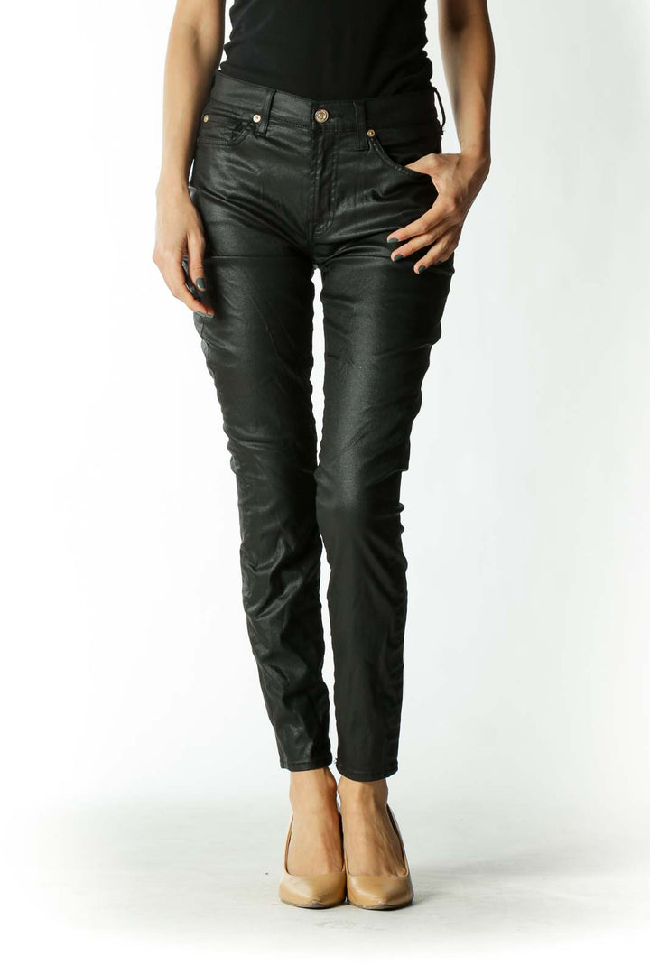 Black Waxed Mid-Rise Skinny Jeans with Gold Embellishments