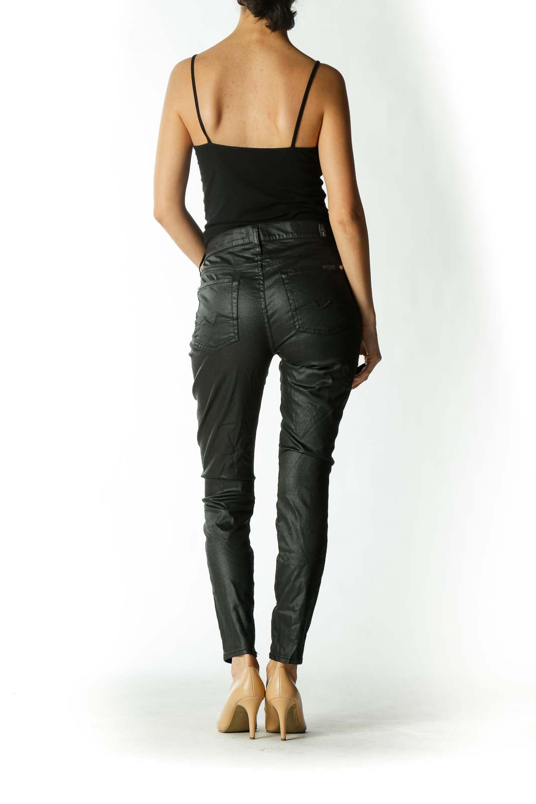 Black Waxed Mid-Rise Skinny Jeans with Gold Embellishments