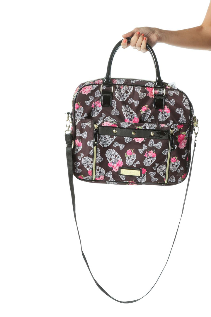 Brown and Pink Skull Print Tote Bag