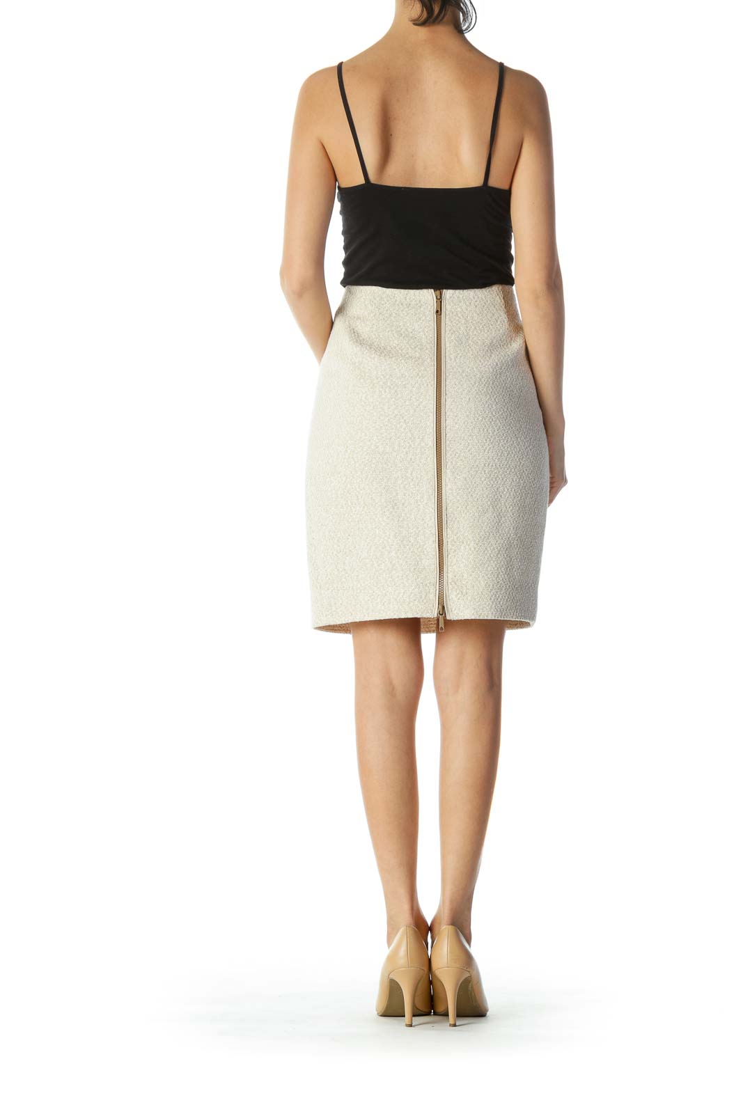 Beige Knit Double Zipper Pencil Skirt