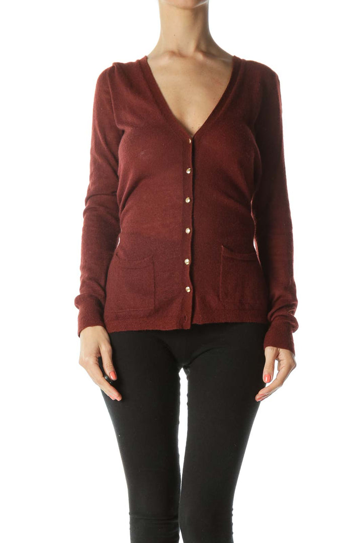 Burgundy Gold-Buttons Wool and Alpaca Pocketed Cardigan