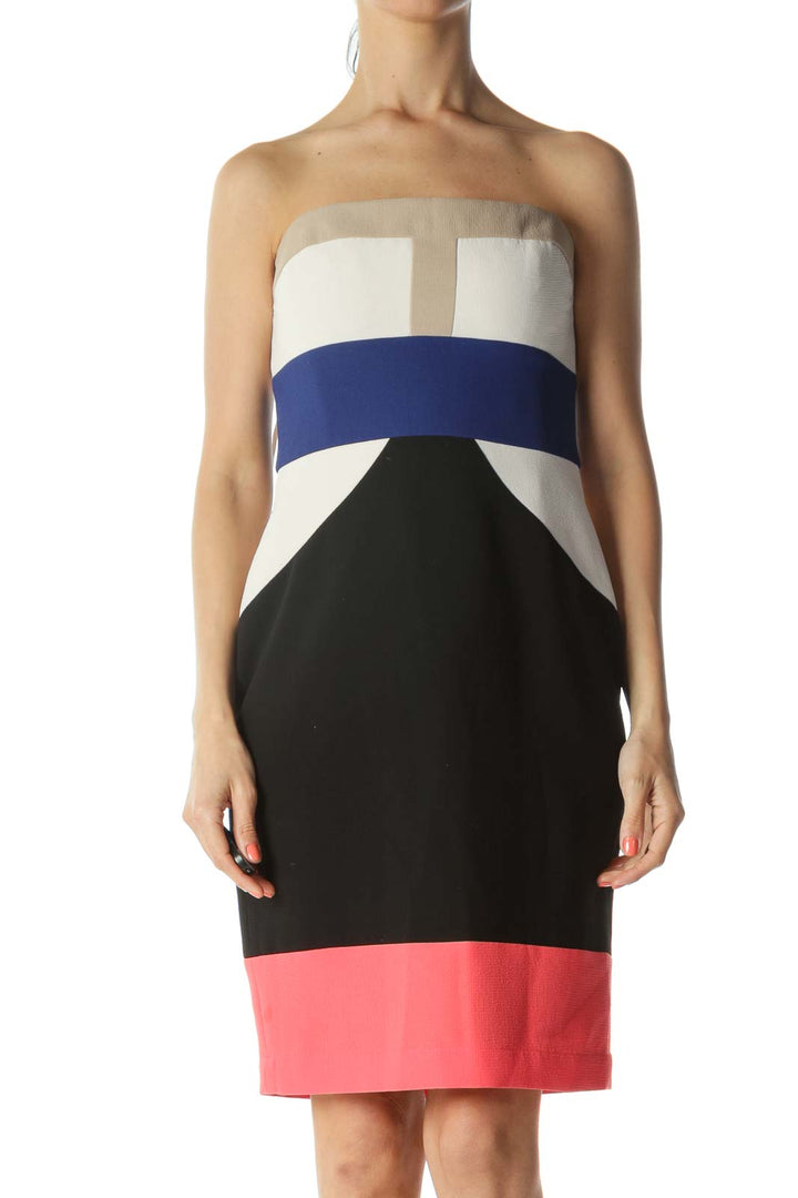 Multicolor Color-Block Strapless Cocktail Dress with Inside Structure and Bust-Adjustable Hooks