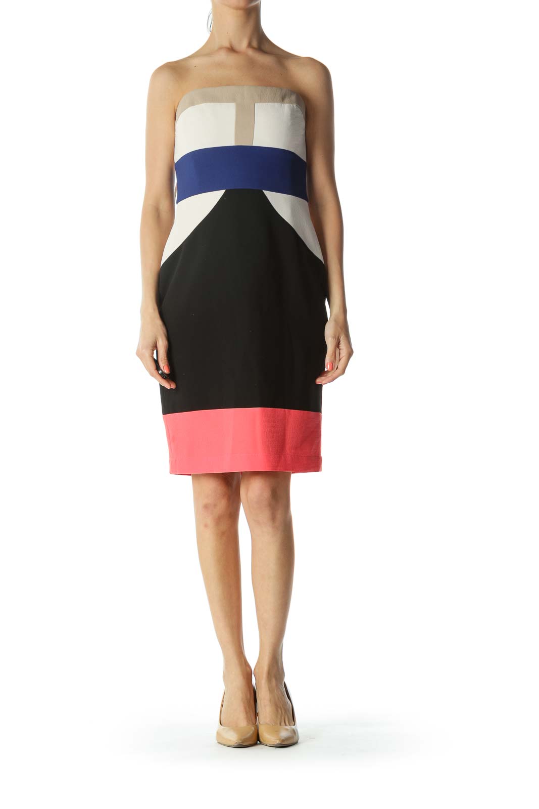 Multicolor Color-Block Strapless Cocktail Dress with Inside Structure and Bust-Adjustable Hooks