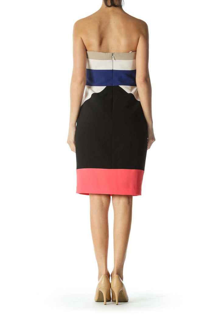 Multicolor Color-Block Strapless Cocktail Dress with Inside Structure and Bust-Adjustable Hooks