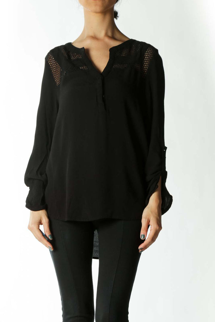 Black Honey-Comb-Cutout Long Sleeve Buttoned Blouse