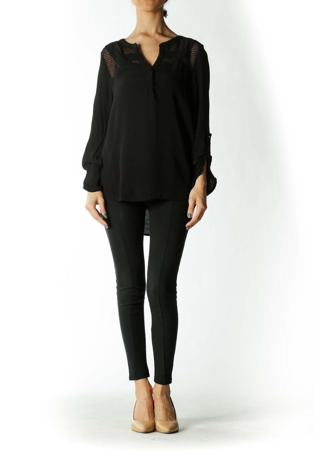 Black Honey-Comb-Cutout Long Sleeve Buttoned Blouse