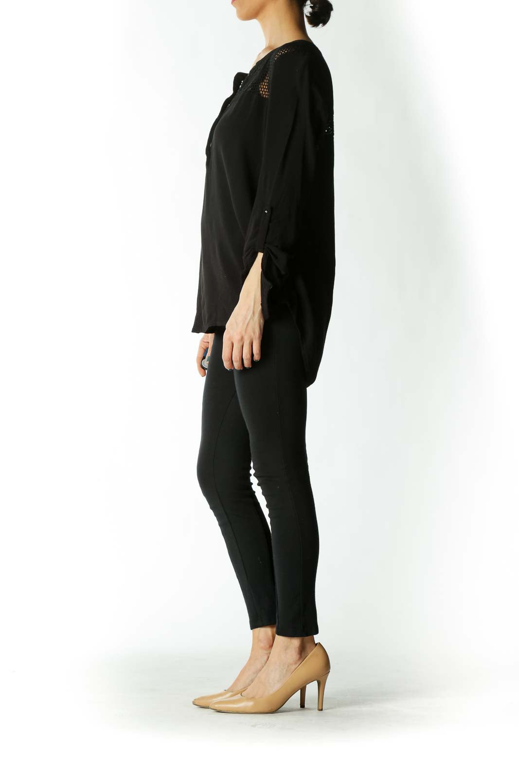 Black Honey-Comb-Cutout Long Sleeve Buttoned Blouse