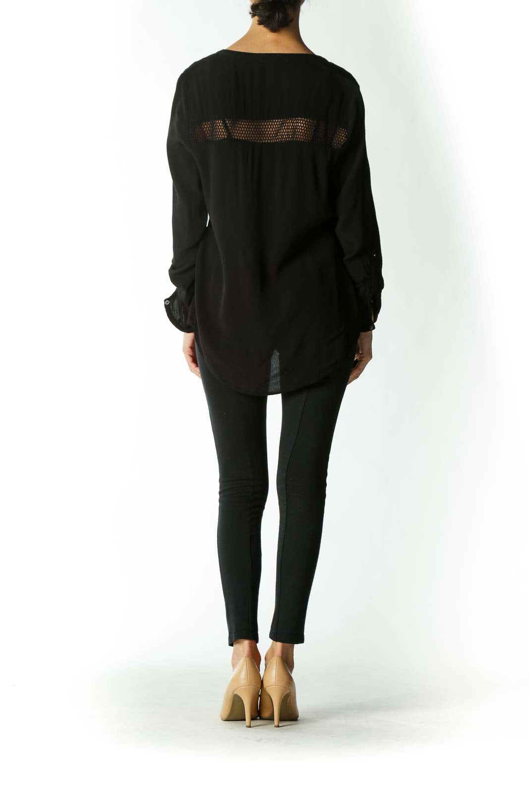 Black Honey-Comb-Cutout Long Sleeve Buttoned Blouse