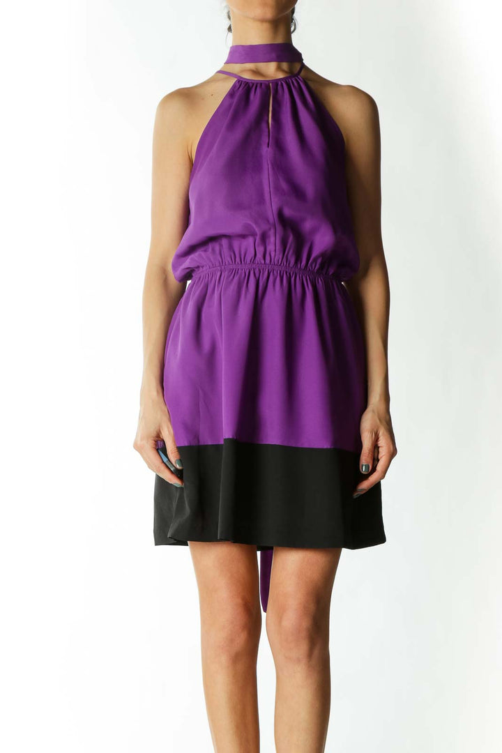 Purple & Black Color-Block High-Neck Sleeveless Waist-Tie Keyhole Dress