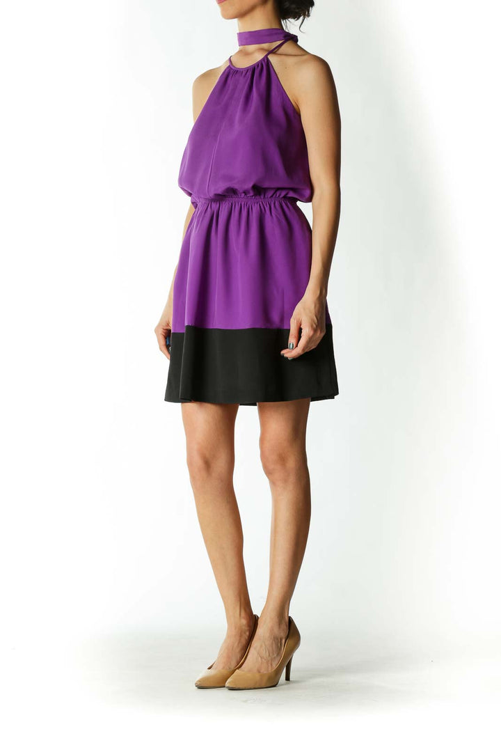 Purple & Black Color-Block High-Neck Sleeveless Waist-Tie Keyhole Dress