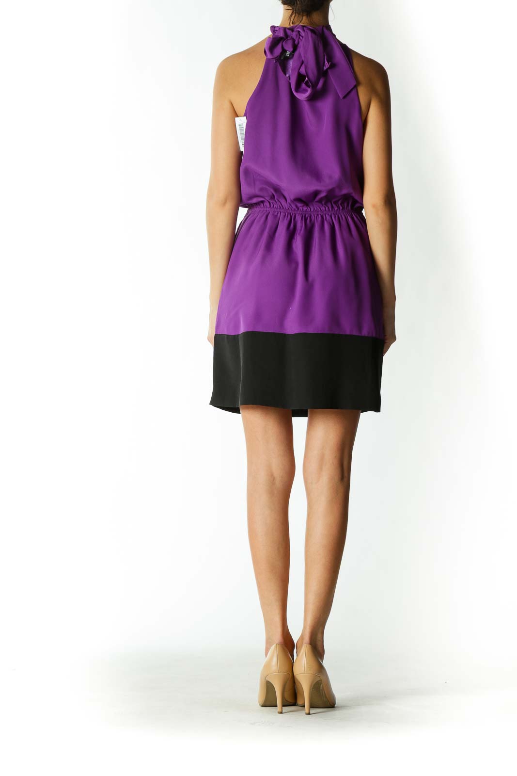 Purple & Black Color-Block High-Neck Sleeveless Waist-Tie Keyhole Dress