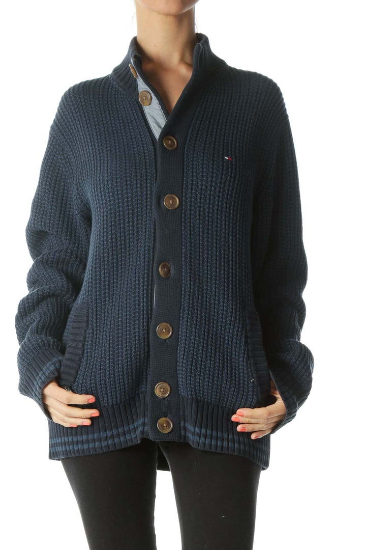 Blue and Navy Rib-Knit High Neck Sweater