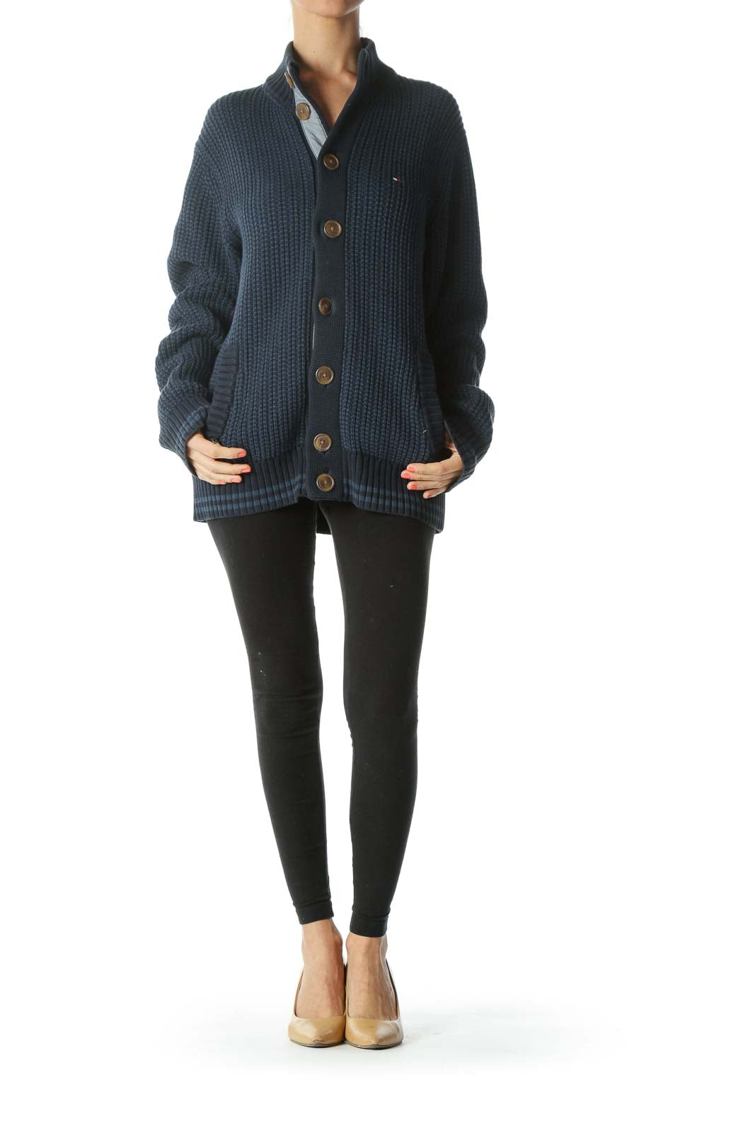 Blue and Navy Rib-Knit High Neck Sweater