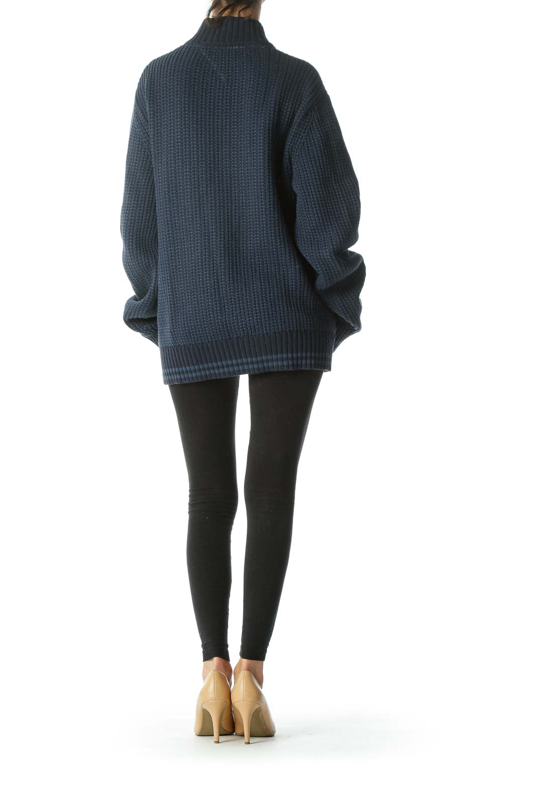 Blue and Navy Rib-Knit High Neck Sweater