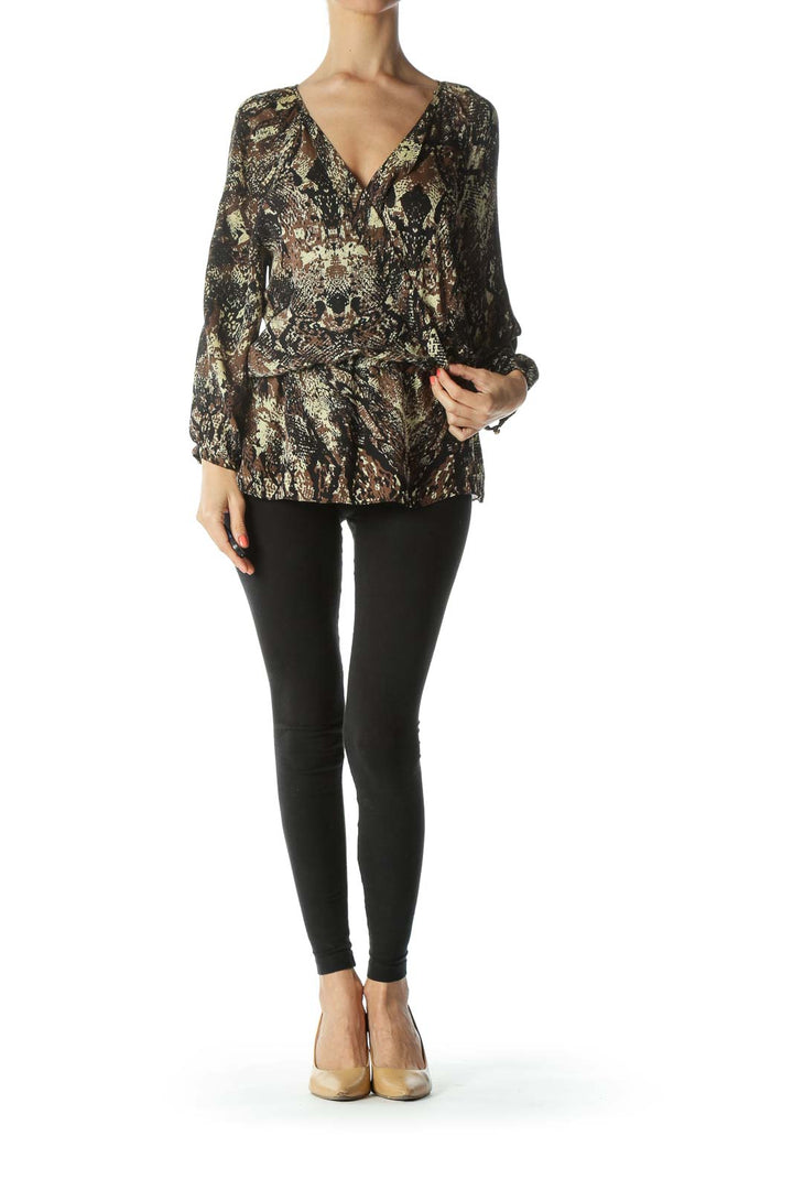 Black/Beige/Green V-Neck Cargo-Print 100% Silk Blouse