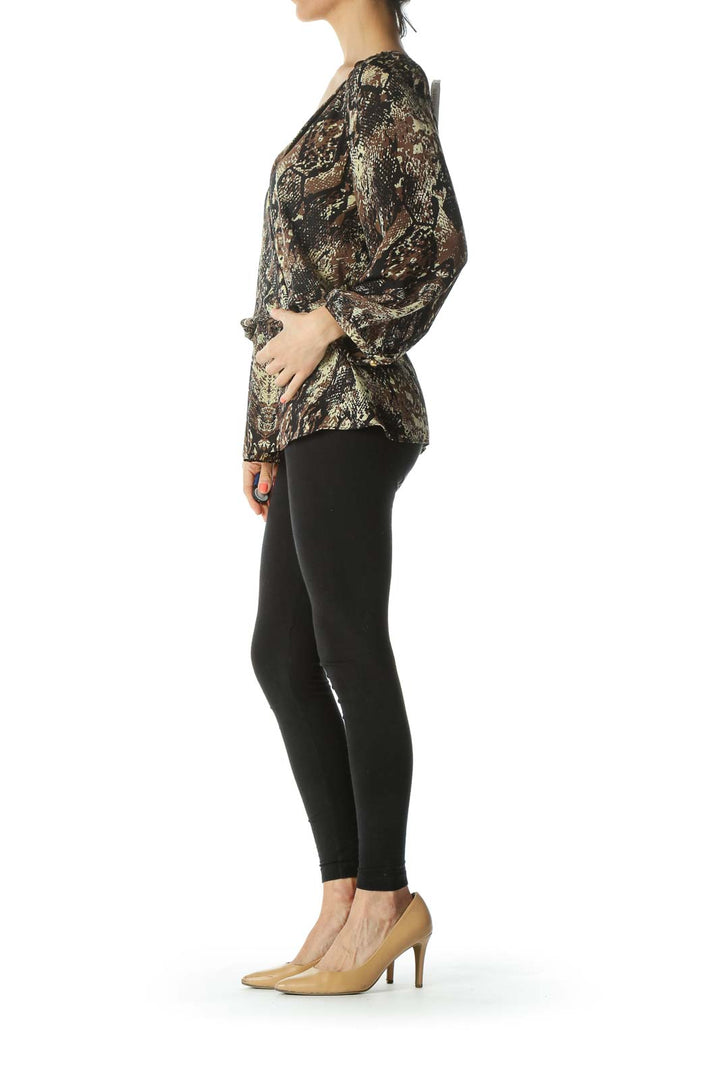 Black/Beige/Green V-Neck Cargo-Print 100% Silk Blouse