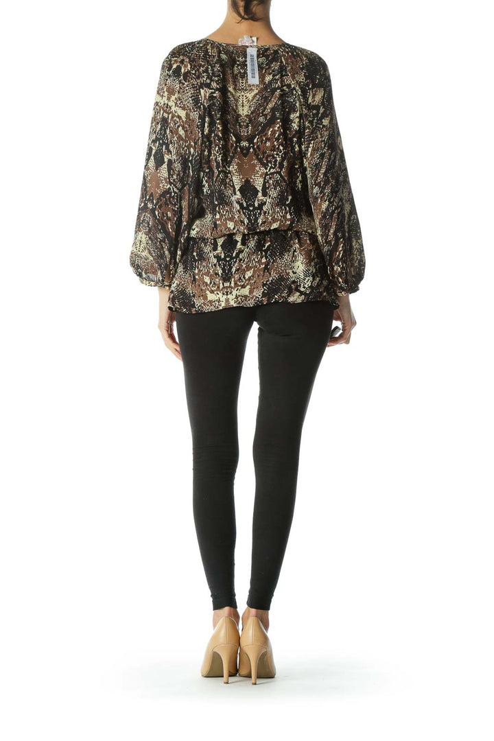 Black/Beige/Green V-Neck Cargo-Print 100% Silk Blouse